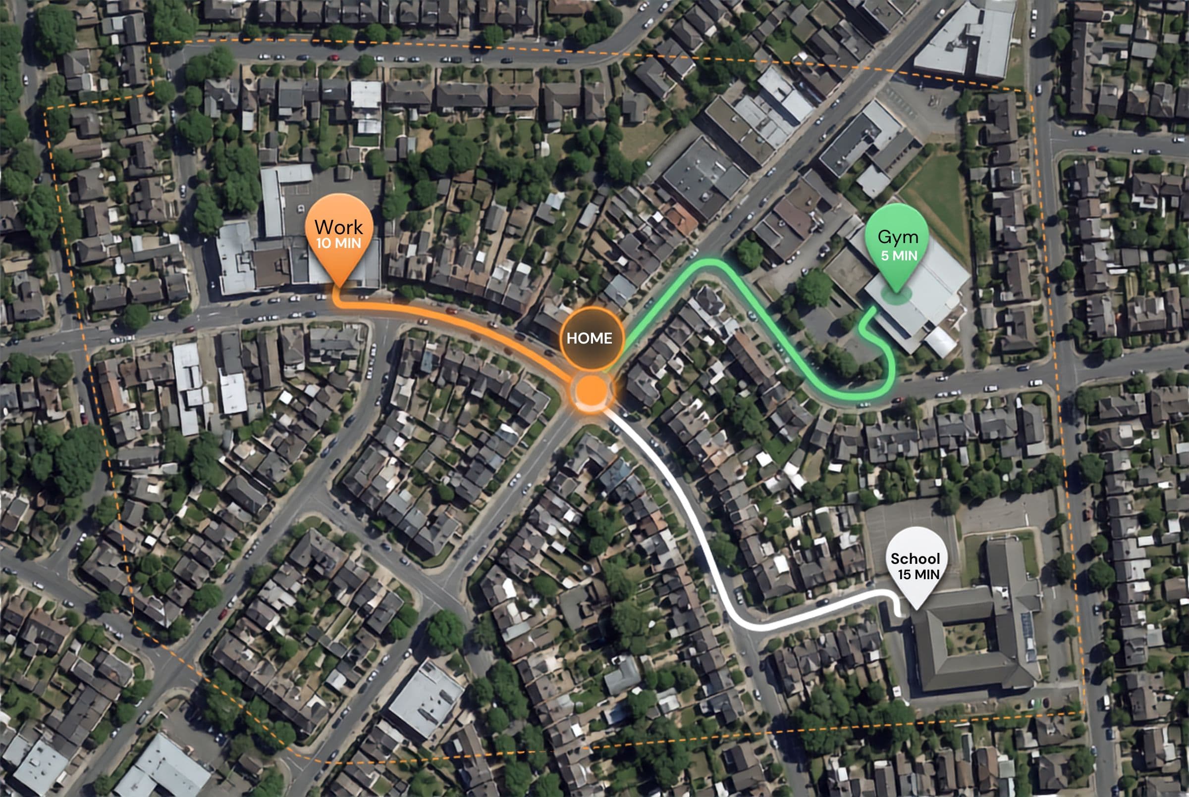 Illustration of a home with three routed lines to Work (10 min), Gym (5 min) and School (15 min)